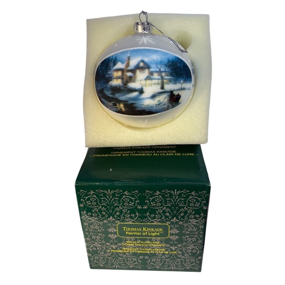 Thomas Kinkade Ornament Moonlit Sleigh Ride 2004 Glass Round With Box Blue